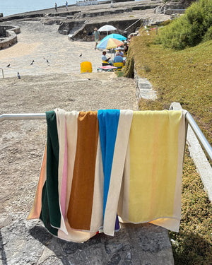 Colorful towels hanging on a railing with a scenic background