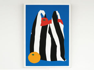 Striped bag full of tomatoes with an orange on the side Screenprint